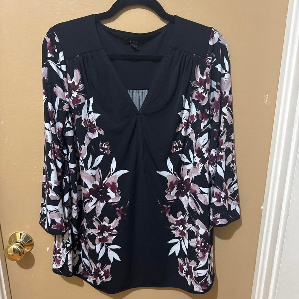 Alfani Blouse Women 0X Black Floral V-Neck 3/4 Sleeve Good Career Top
